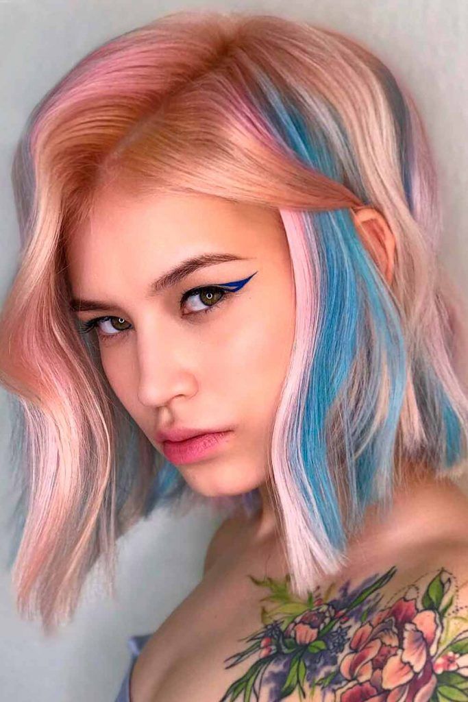 Pale Pink Bob With Blue Highlights #peachhair #pinkhair