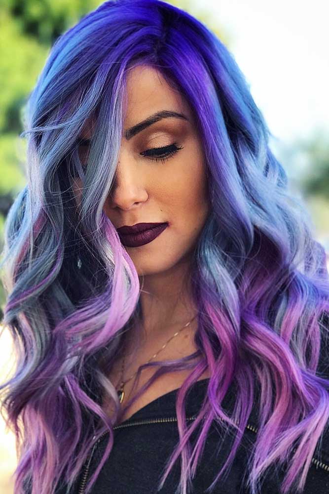 Shock Blue And Purple Colored Long Wavy Hair