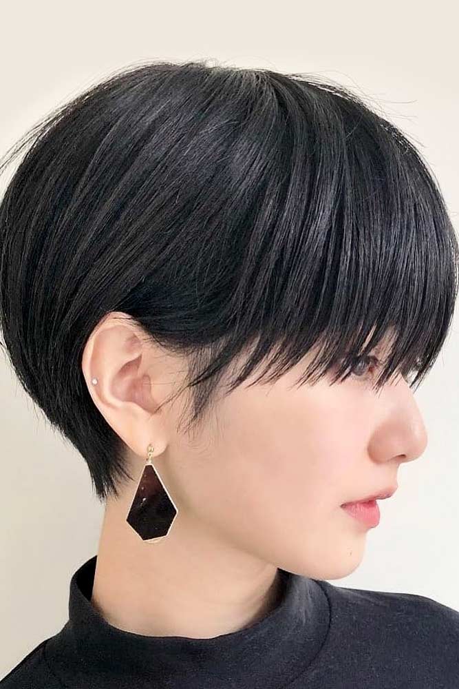 Black Straight Pixie With Blunt Bangs #pixiecut #haircuts