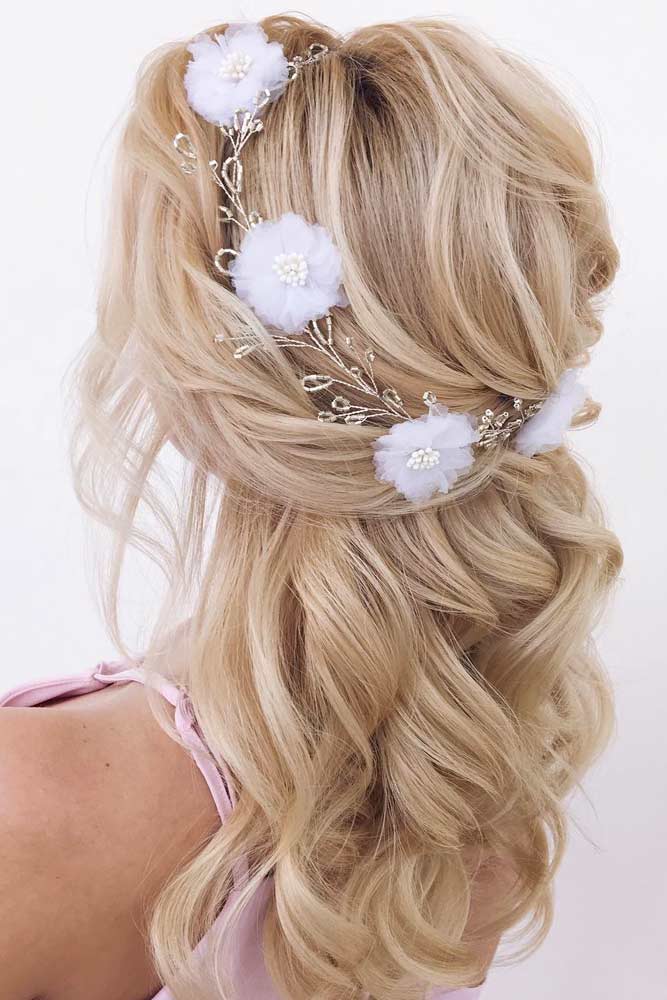 Wavy Half Up Half Down Hairstyles With Accessories #halfuphalfdownhairstyles #hairstyles #bridesmaidhairstyles #weddinghair #longhair