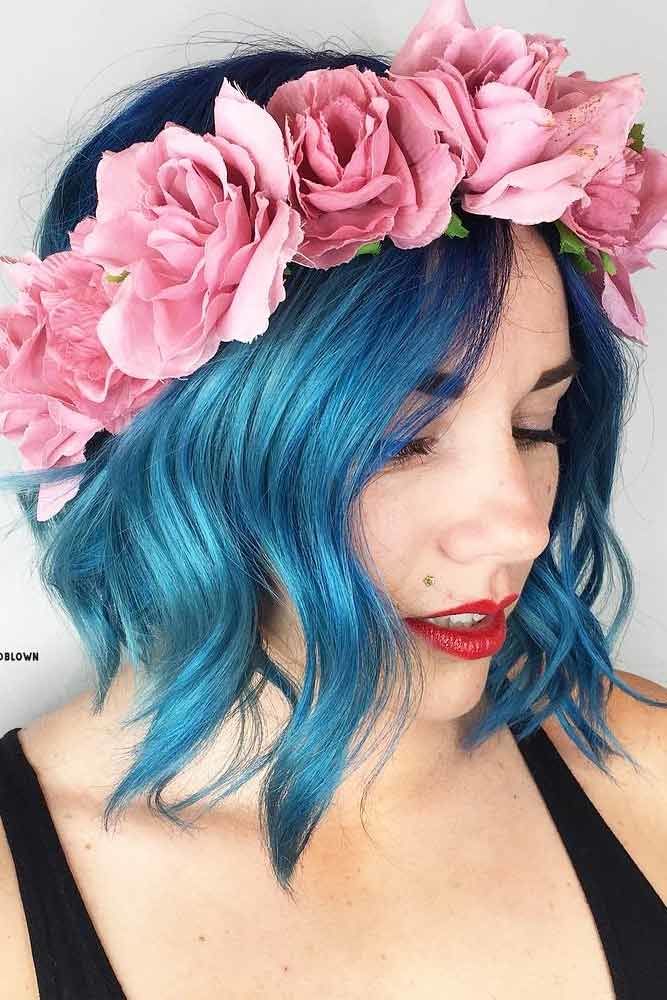 Bold Blue Layered Locks With Rose Wreath #mediumhair #mediumhairstyles