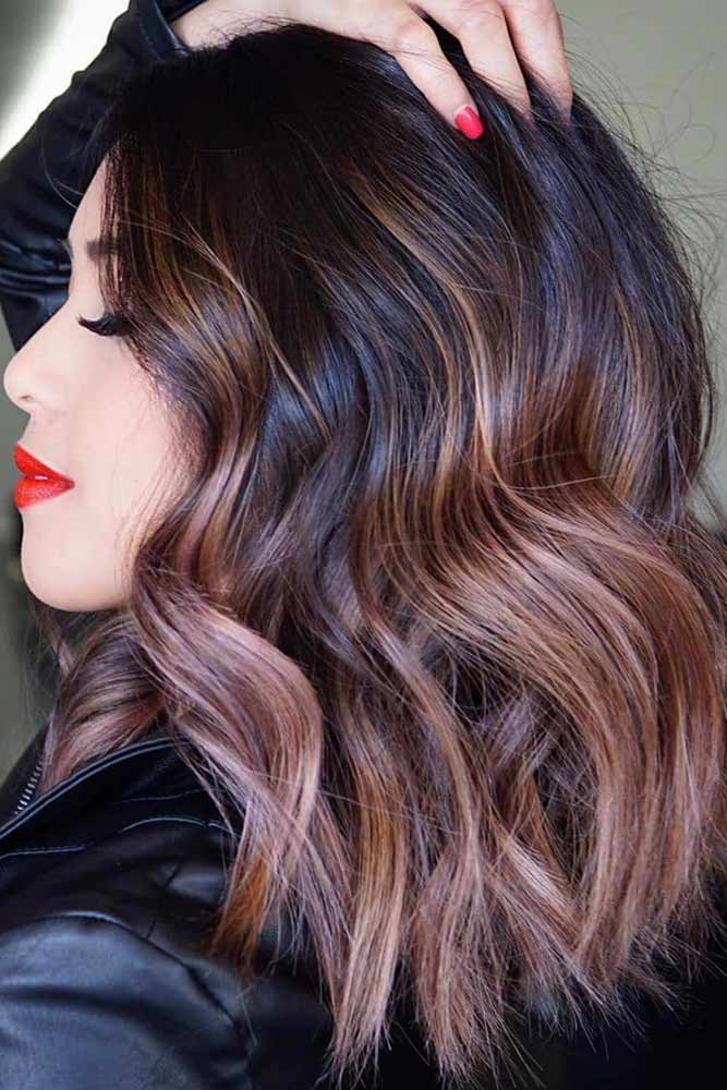 Brunette To Mauve Ombre For Long Wavy Bob #mediumhair #lobhaircut