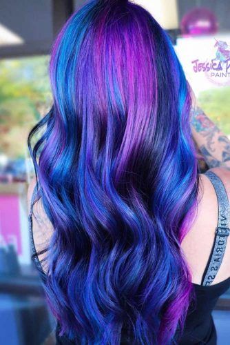 Violet And Blue Highlights For Long Wavy Hair #violethair #haircolor