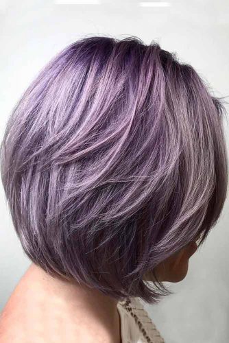 Lavender Layered Bob With Side Swept Bang #bobhaircut #shorthaircuts #layeredbob #bobwithbangs #lavenderhair
