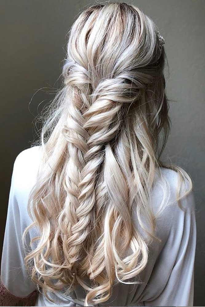 Half Up Hairstyles With Braids Platinum Blonde Highlights #halfuphalfdownhairstyles #longhair #promhairstyles #promhair #braidedhairstyles