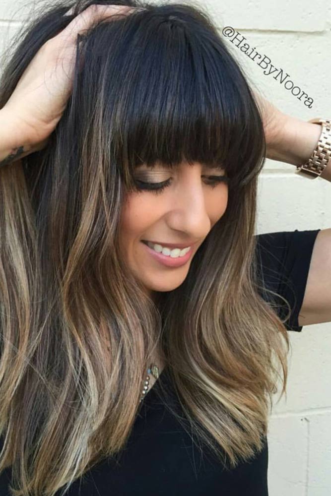 straight shoulder length hair with fringe