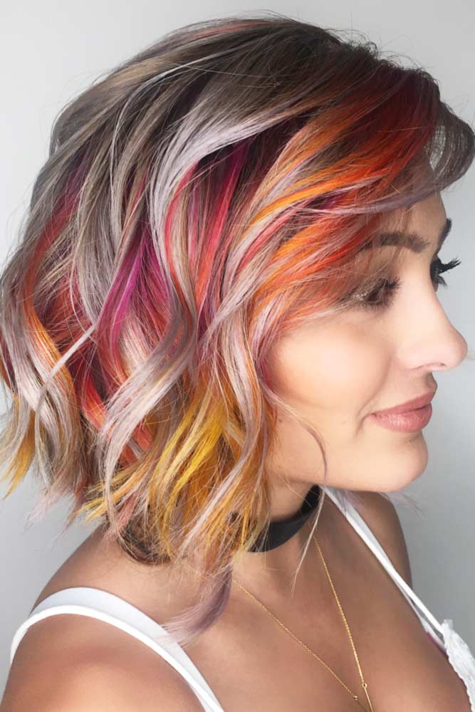 Colored Hairstyle With Flirty Side Swept Bangs #mediumhairstyles #hairstyles #mediumlengthhairstyles #bangs