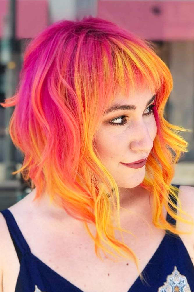 Colored Medium Length Hairstyles With Short Bangs #mediumhairstyles #hairstyles #mediumlengthhairstyles #bangs