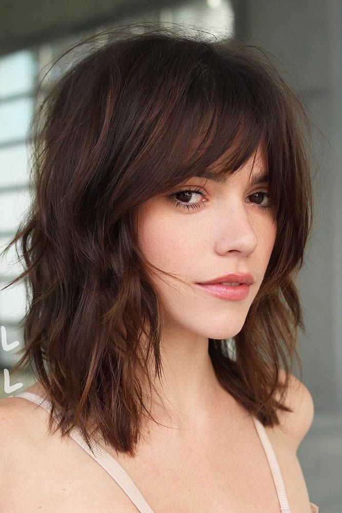 Center Parted Medium Length Hairstyles With Wispy Bangs Brown #mediumhair #bangs