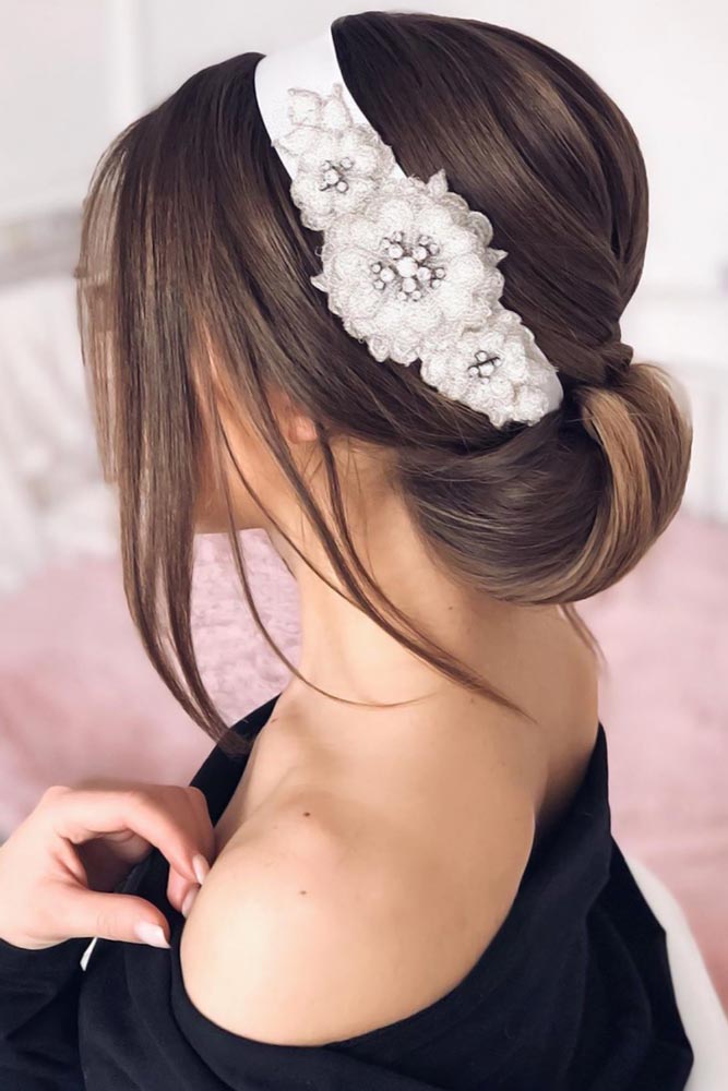 Updo With Headband Flowers #mediumhair #weddinghairstyles