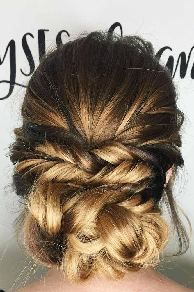 Subtle Low Updo With Fishtail Braid #homecominghairstyles #homecoming #hairstyles #braids #updohairstyles