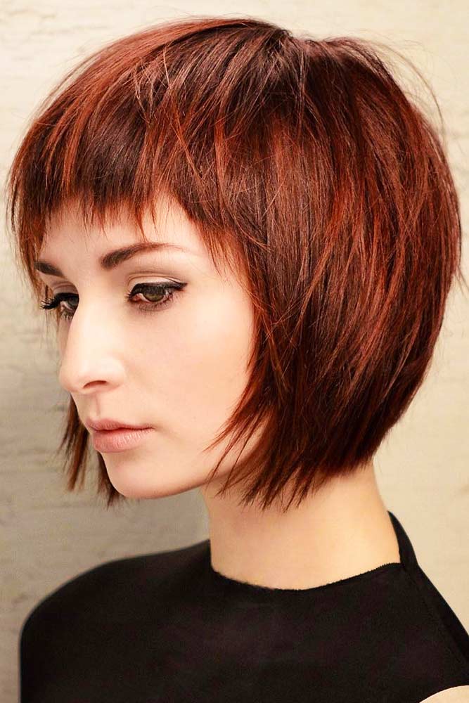 super short angled bob with bangs