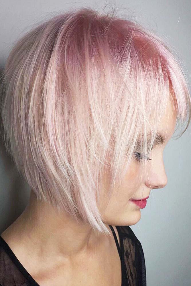 Razor Cut Pastel Pink And Blonde Choppy Bob #bangs #bob