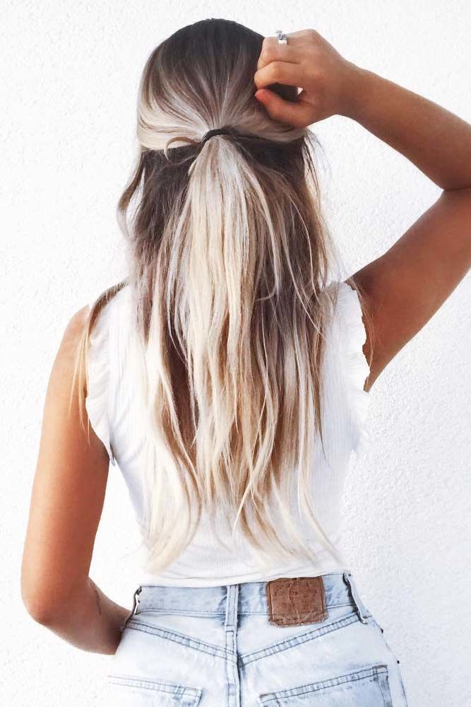 Easy Half Ponytail Hairstyles Platinum Blonde Ombre Long Straight 