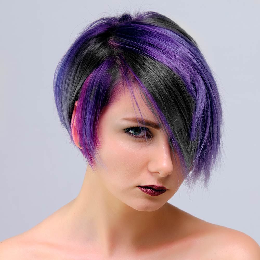 Sleek Long Brunette Bob with Purple Highlights