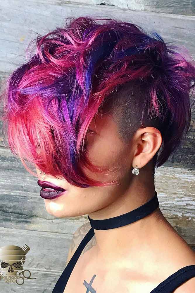 Disconnected Undercut Women Purple Pink Balayage Straight Layered Long Side Swept Bang Shaved Side 