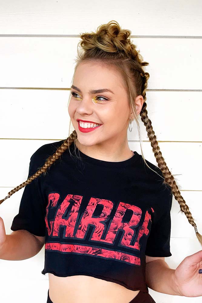 Braided Faux Hawk Long Hair Style Light Brown Dirty Blonde Balayage