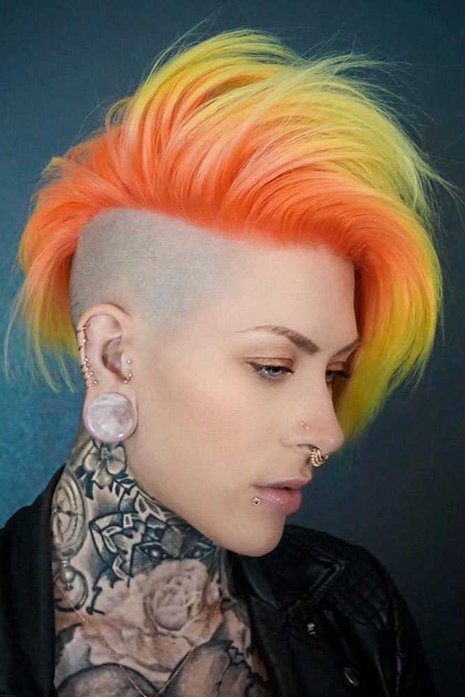 Faux Hawk Women Shaved Sides Copper Yellow Ombre Long Bang Layered 