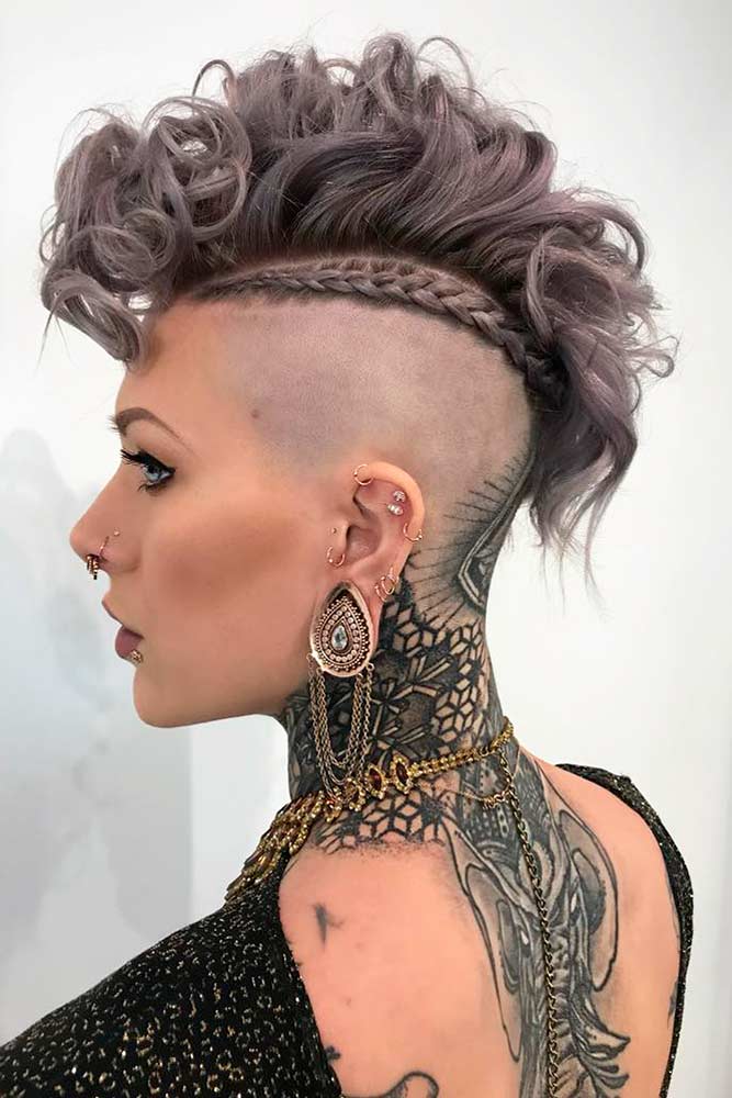 Faux Hawk Women Shaved Sides Curly Top Braided Smoky Purple Lavender Hair Color 