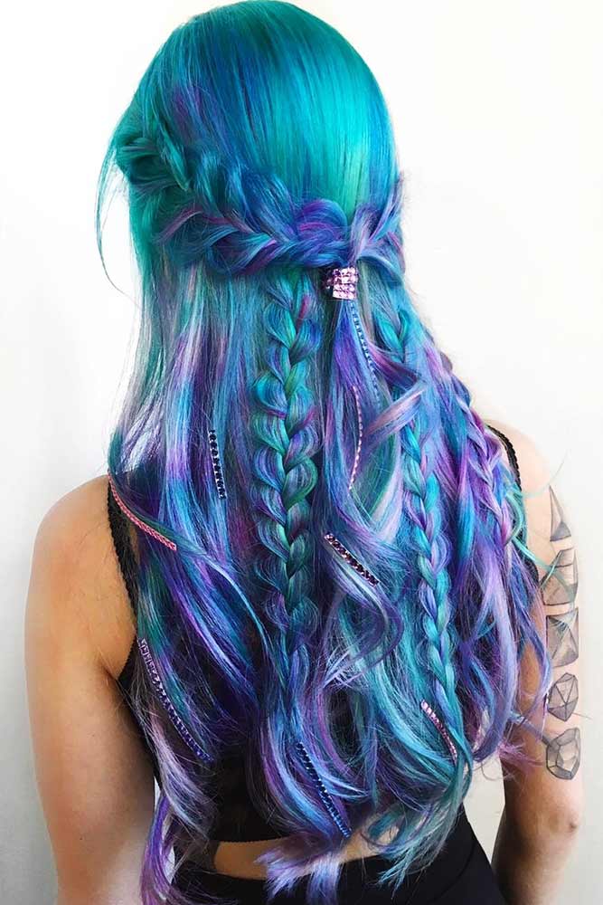 Mermaid Hair With Blue Accents Purple #bluehair #purplehair #highlights #mermaidhair