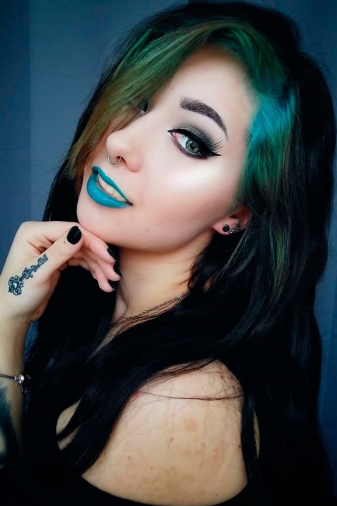 Dark Haired Emo Girl With Green Locks
