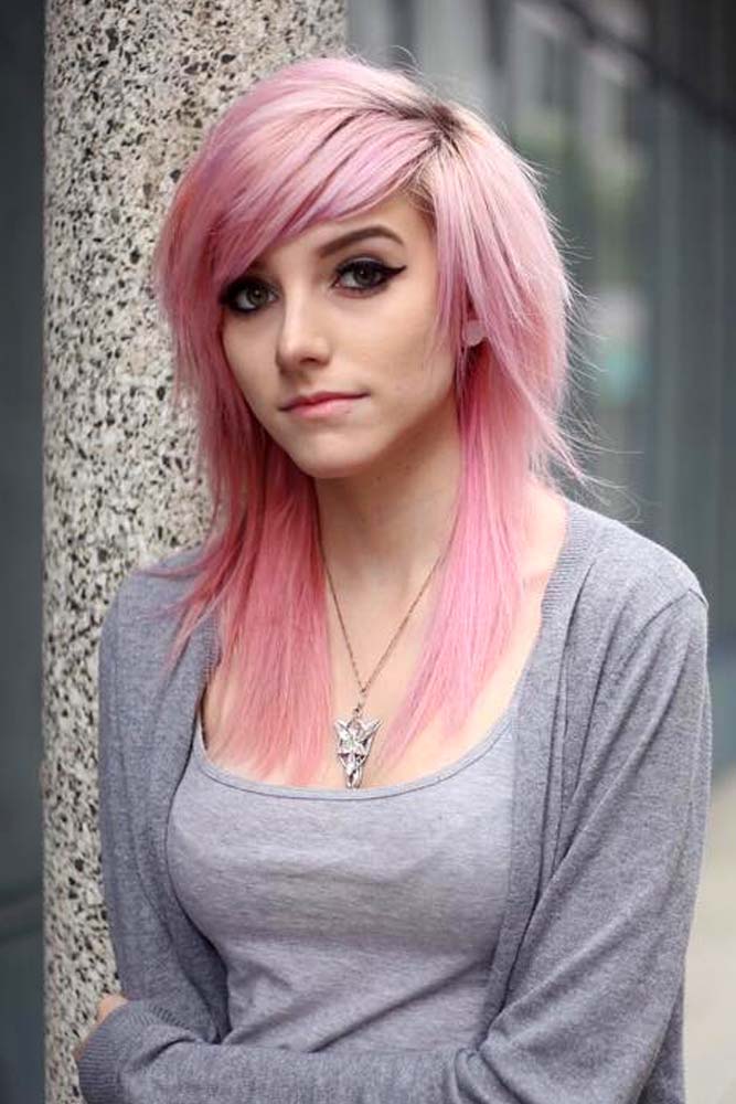 Emo Hair Layered Long Rose Color Side Bangs 