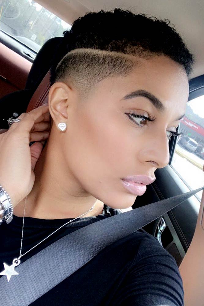 Low Fade Haircut Ideas Women Short Curly Black Color Shaved Stripe 