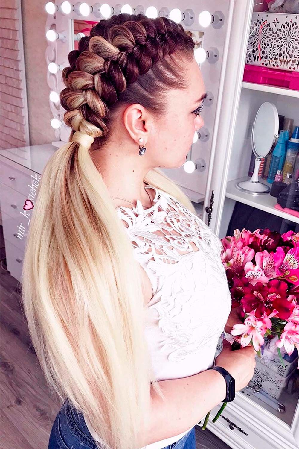 Blonde Braids Into Ponytails