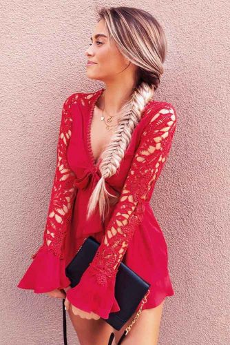 Short Red Sleeve Dress With Side Fishtail Braid #outfits #braids