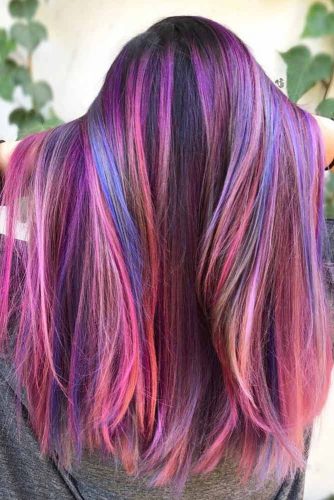 Straight Long Hairstyle With Multicolored Highlights #purplehighlights #highlights #haircolor #straighthair #longhair