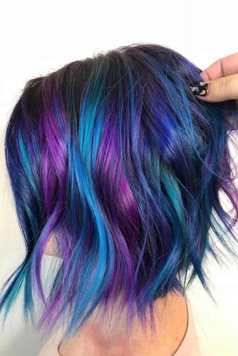 Purple Highlights For Wavy Lob #purplehighlights #highlights #haircolor #wavyhair #longbob