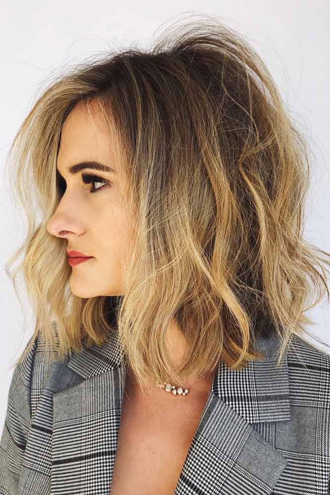 Face Shapes Flattering Haircuts Wavy Messy Lob Side Parted 