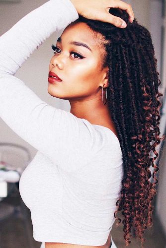 Swept Back Curly Faux Locs #fauxlocs #curlyhair