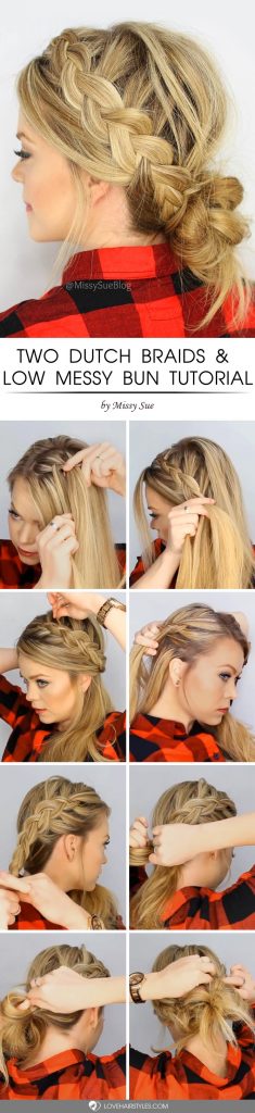 Two Dutch Braids & Low Messy Bun Tutorial #howtodutchbraid #dutchbraid #tutorials #braids #hairstyles