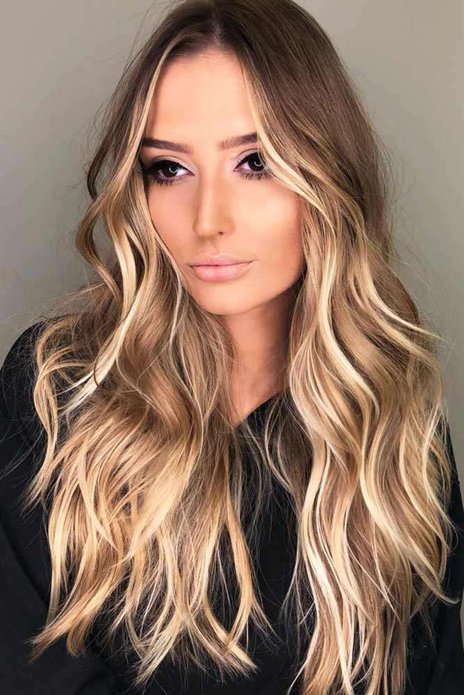 Medium Brown Hair With Buttery Blonde Highlights #highlights #brunette #wavyhair #longhair