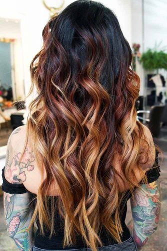 red and blonde highlights in black hair