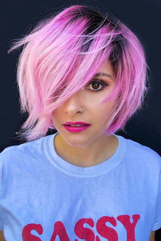 Pink Bob With Dark Roots #choppybob #bobhairstyles #bobhaircuts #hairstyles #haircuts