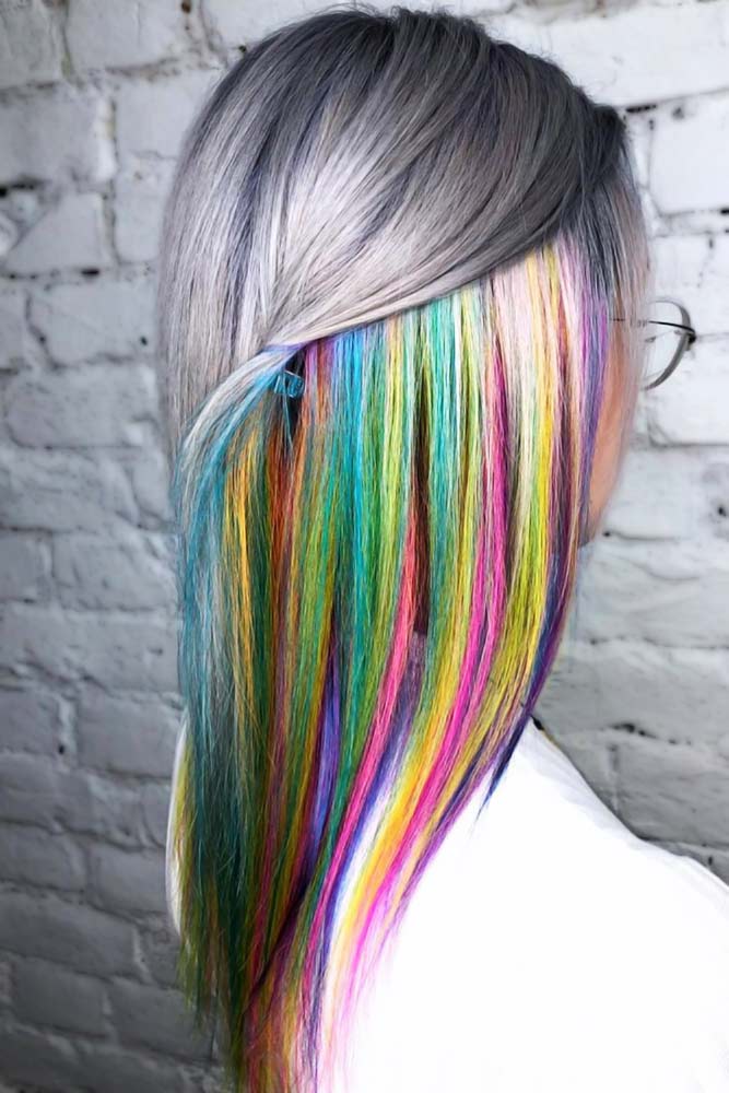 Peekaboo Rainbow With Grey #peekaboohair #rainbowhair