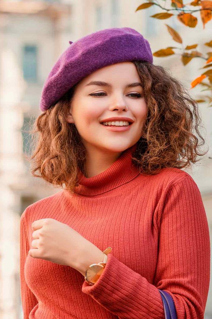 Purple Beret, beret hairstyles, how to wear a beret with short hair, beret curly hair