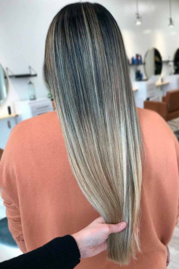 Icy Blonde Balayage With Deep Grey Roots For Long Hair straight long hair, straight balayage hair, straight blonde hair