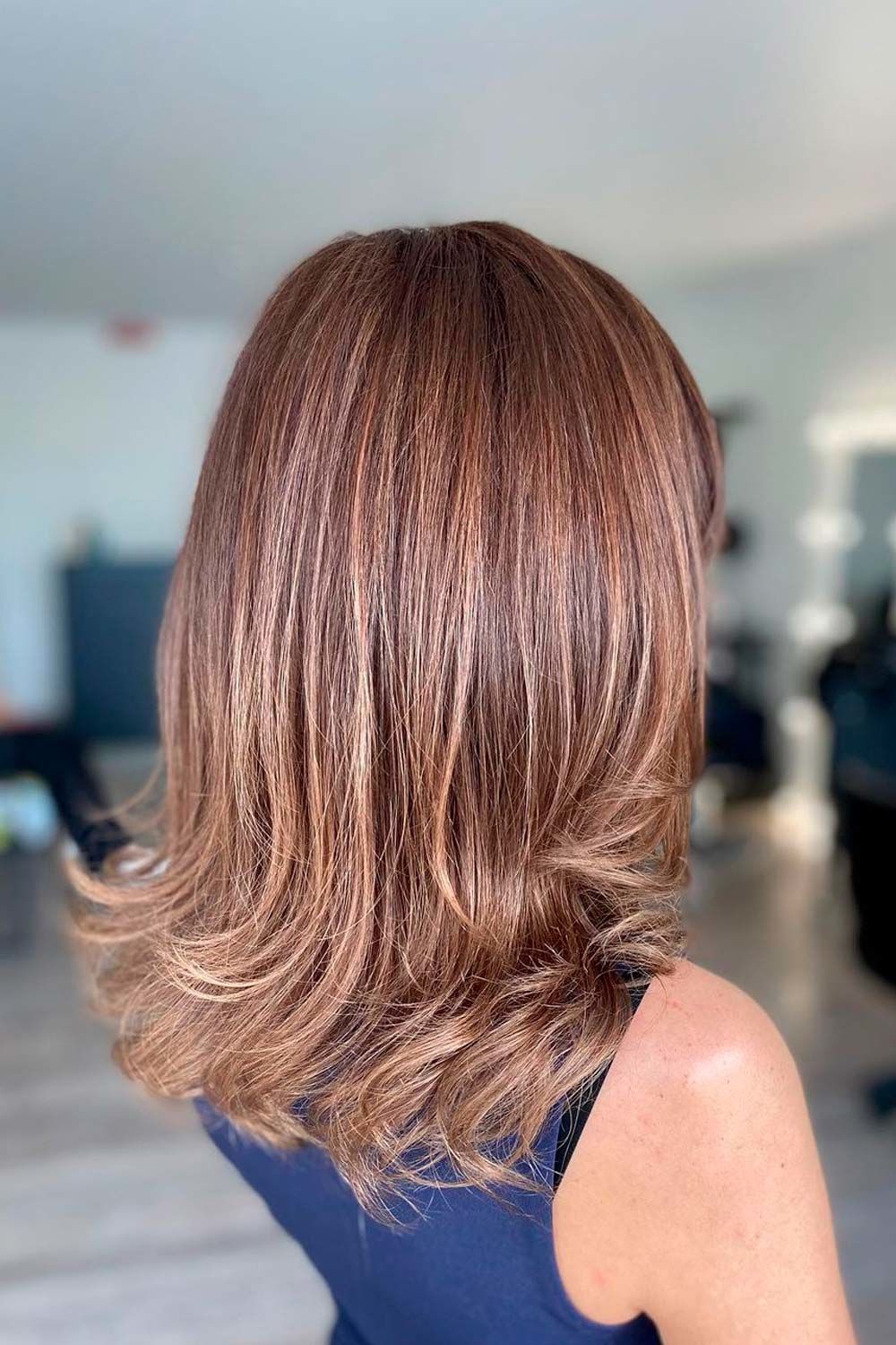 Warm Toned Layered Lob Hairstyle, ash brown short hair, dark ash blonde on brown hair, medium ash blonde on brown hair