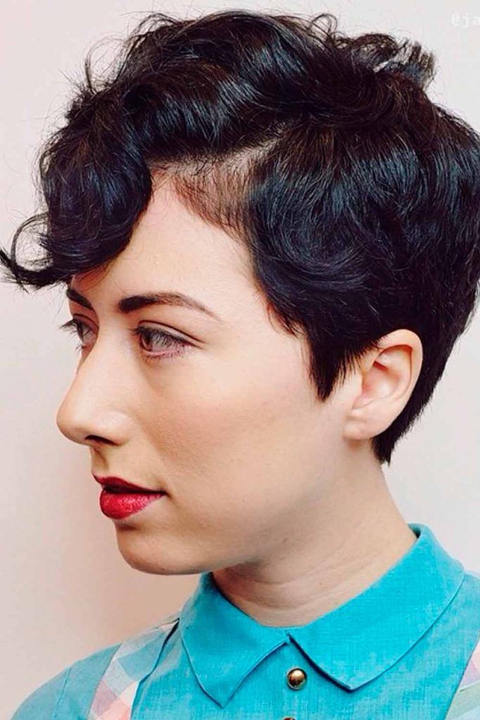 Sassy Curly Pixie Cut With Sweeping Bangs, curly asymmetrical pixie, how to style a curly pixie cut, pixie cut curly