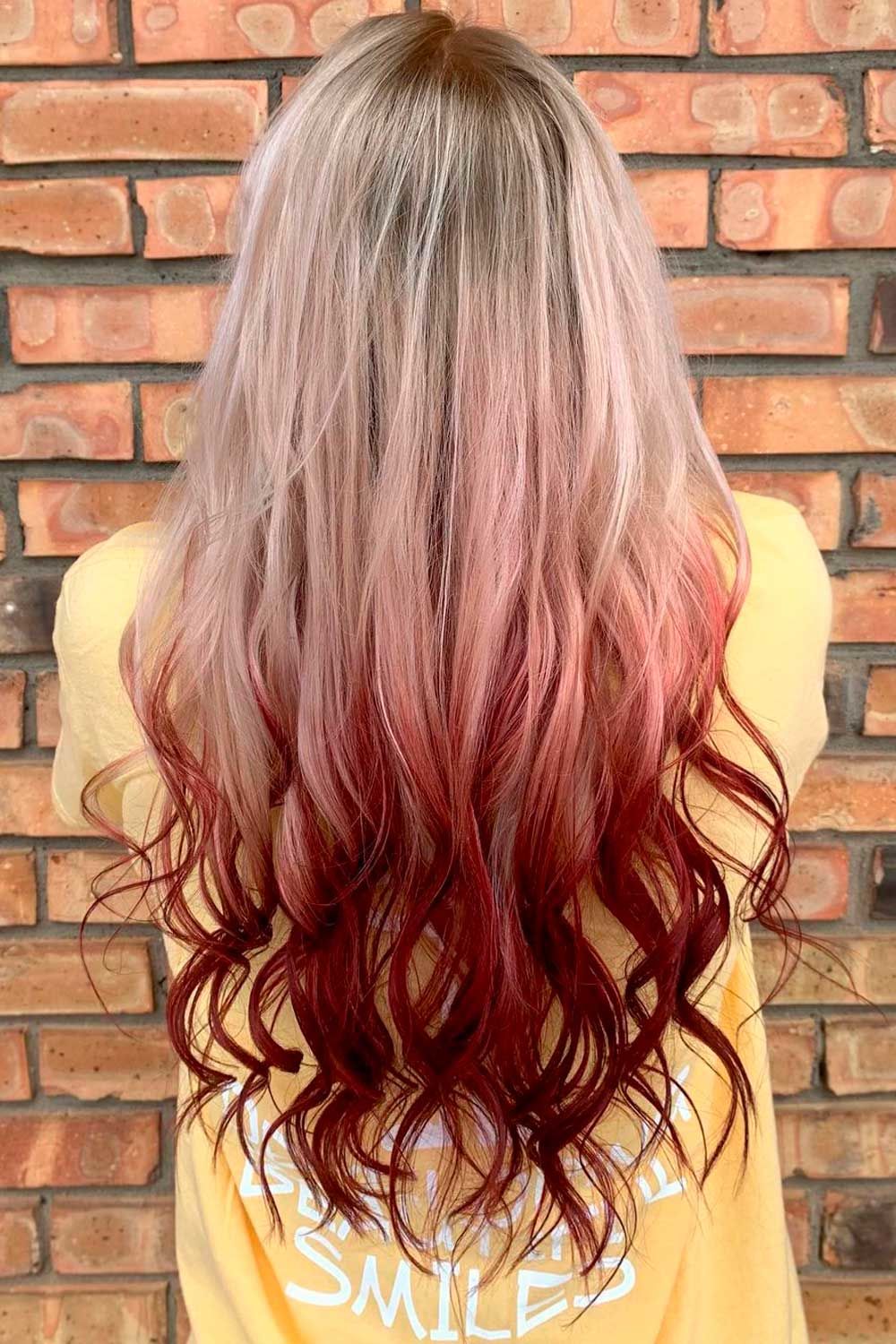 Reverse Red Ombre Hair With Blonde Top, Ombre Hairstyles for Long Hair, reverse red ombre hair, reverse fire ombre hair