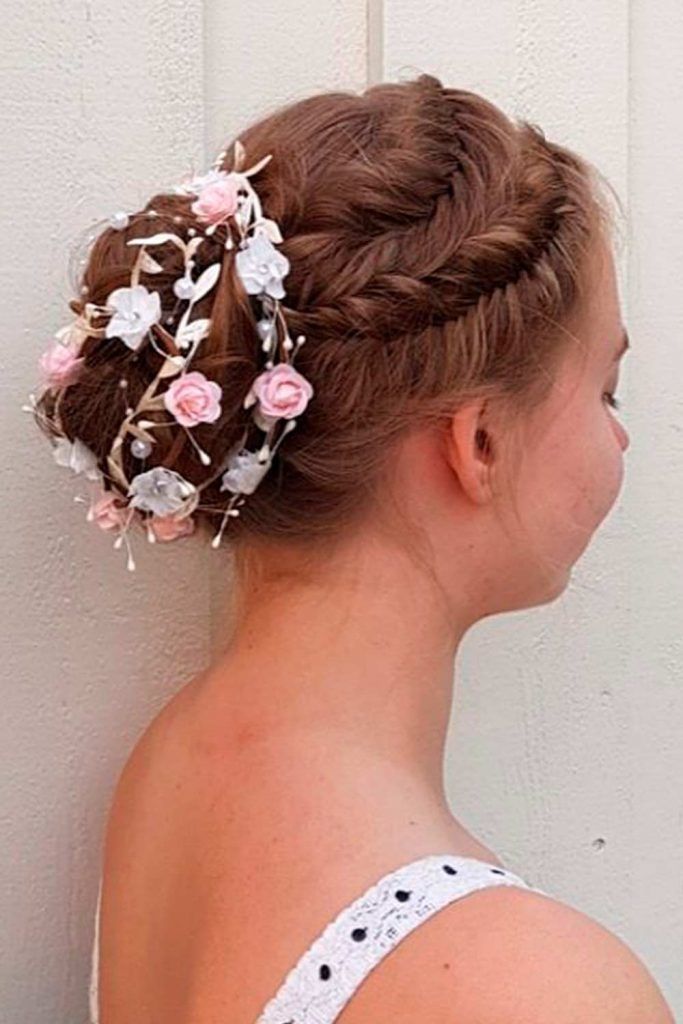 A Fishtail French Braid With Bright Flowers, wedding updos for long thick hair, wedding hairstyle updos for long hair, updos wedding, hair updos for wedding