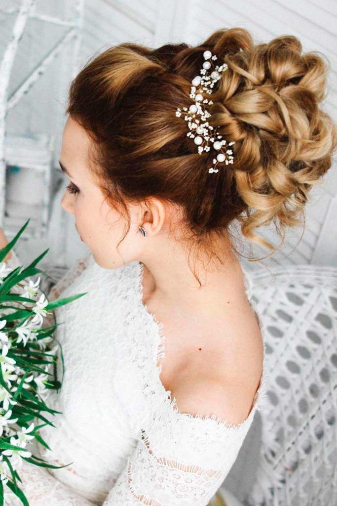 A Messy Twisted Updo With Accessories, wedding updos for long curly hair, wedding bun updos, wedding hair style updos, updos for curly hair wedding