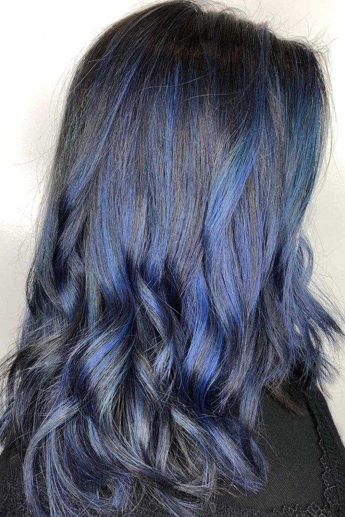 INky Black Hair With Blue Stripes