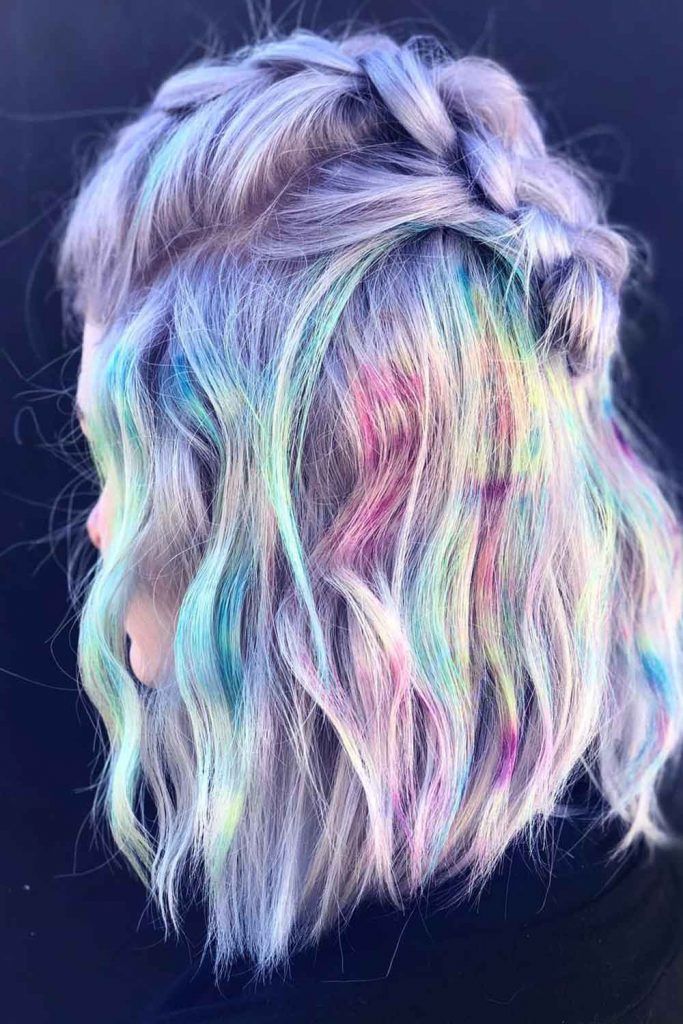 Pastel Rainbow Hair Color for a Wavy Short Inverted Bob