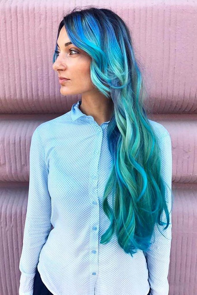 Azure and Turquoise Highlights on Long Hair