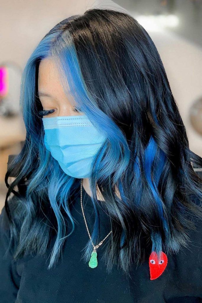 Black Hair with Blue Face-Framing Highlights