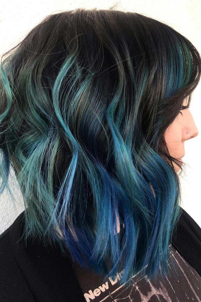 Short Black Bob Cut with Blue Teal Highlights